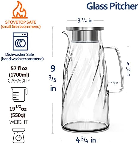 קנקן זכוכית Vzaahu עם מכסה וידית - קרף מים קר - [57 אונקיות, 1.7 ליטר] כד משקאות זכוכית נטולת